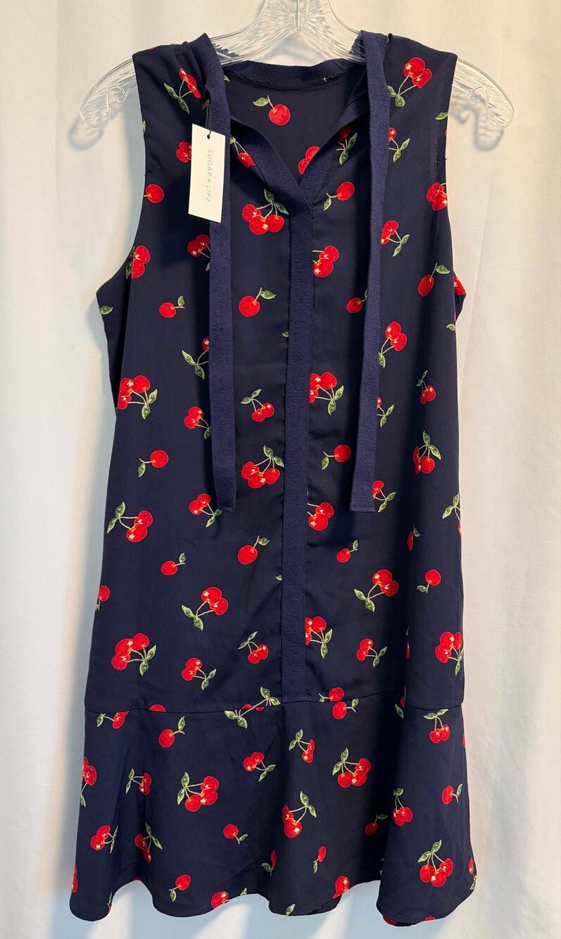Sugar+Lips | Navy Blue Cherry Print Tie Neck Mini Dress